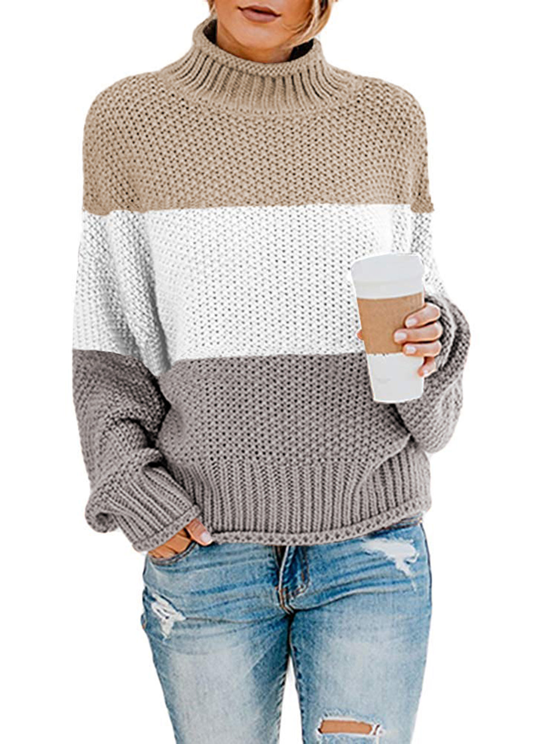 Women's Fashion Cable Knit Turtleneck Sweater Casual Thick Tops Long Sleeve Pullover