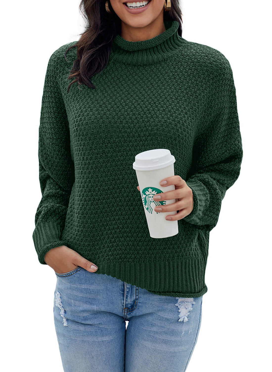 Women's Fashion Cable Knit Turtleneck Sweater Casual Thick Tops Long Sleeve Pullover