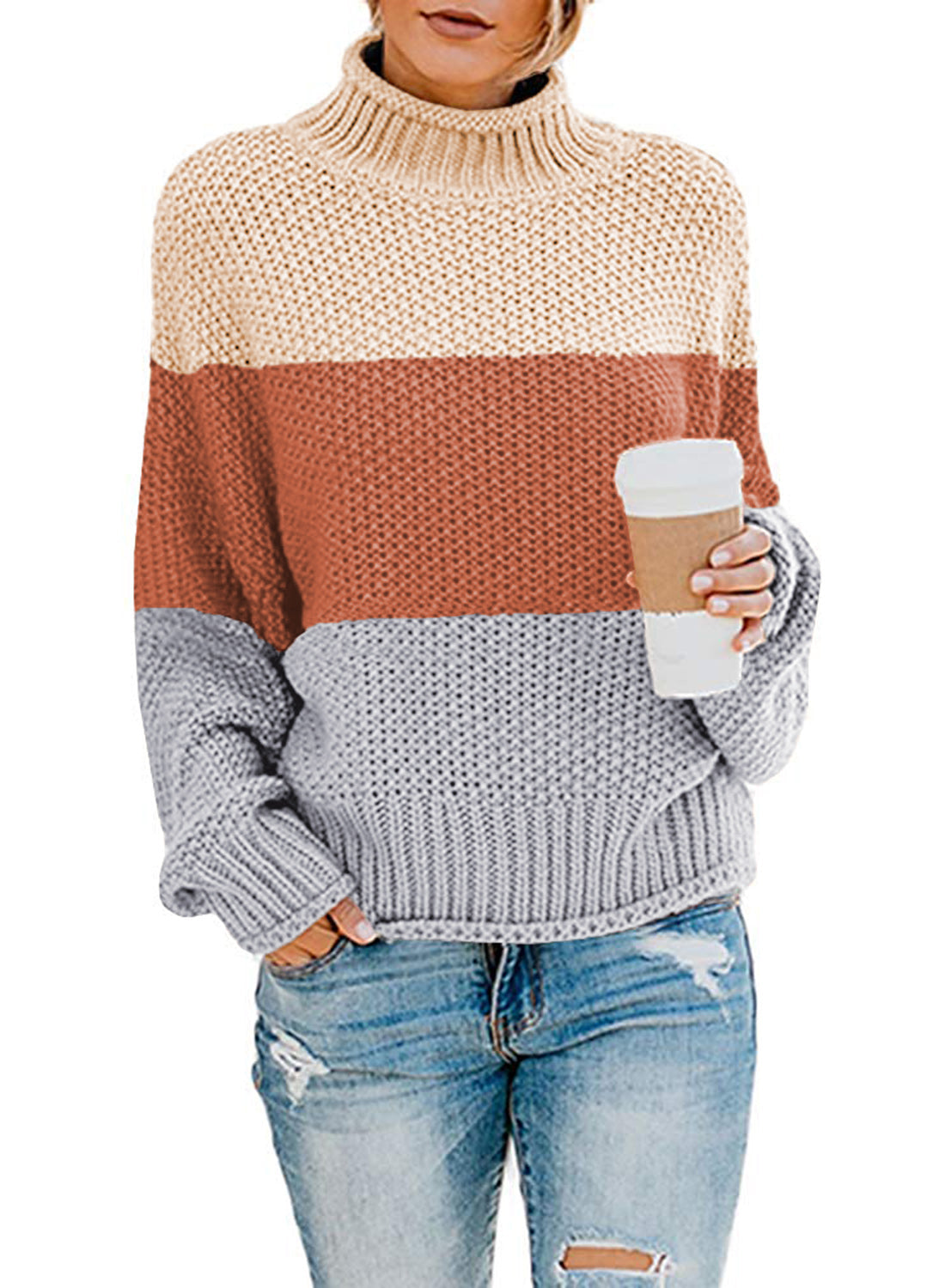 Women's Fashion Cable Knit Turtleneck Sweater Casual Thick Tops Long Sleeve Pullover