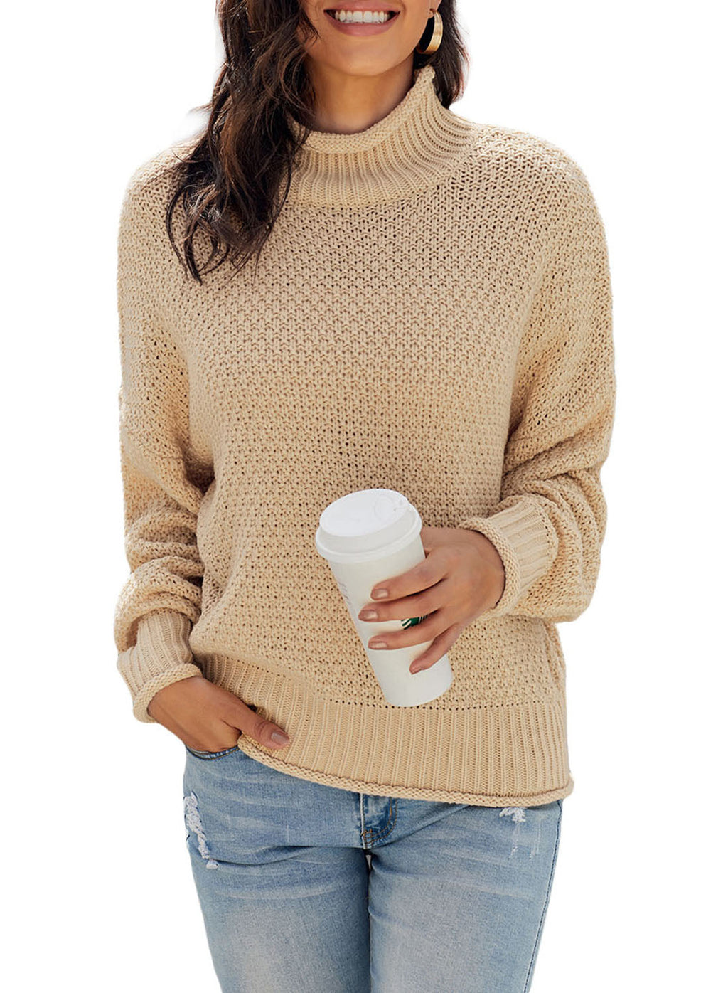 Women's Fashion Cable Knit Turtleneck Sweater Casual Thick Tops Long Sleeve Pullover