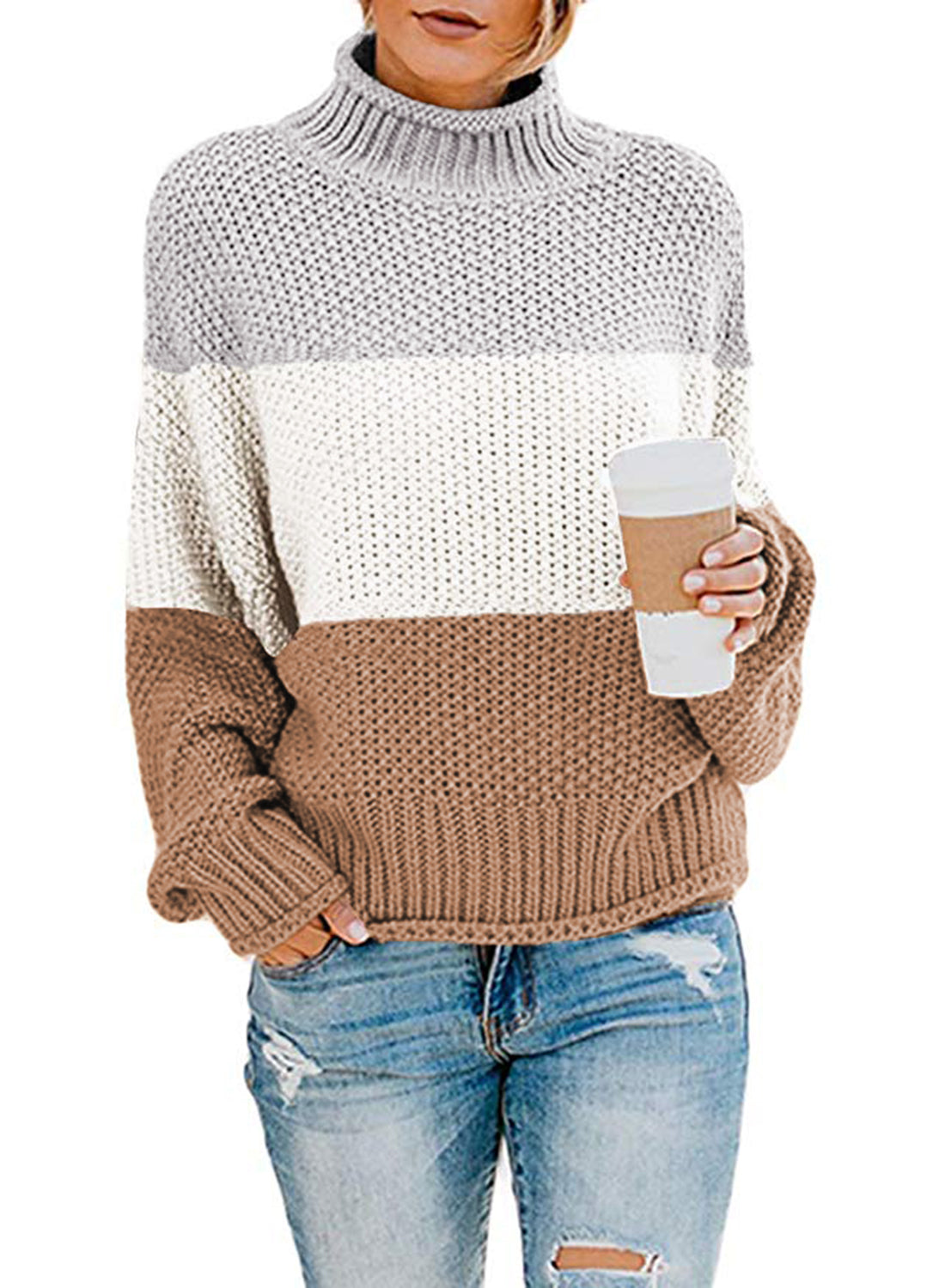 Women's Fashion Cable Knit Turtleneck Sweater Casual Thick Tops Long Sleeve Pullover