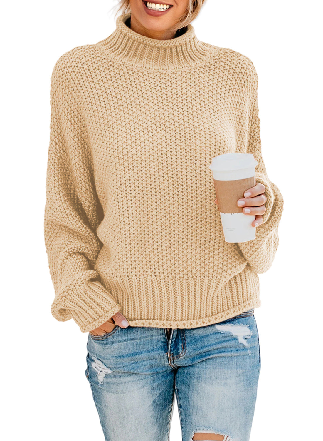 Women's Fashion Cable Knit Turtleneck Sweater Casual Thick Tops Long Sleeve Pullover