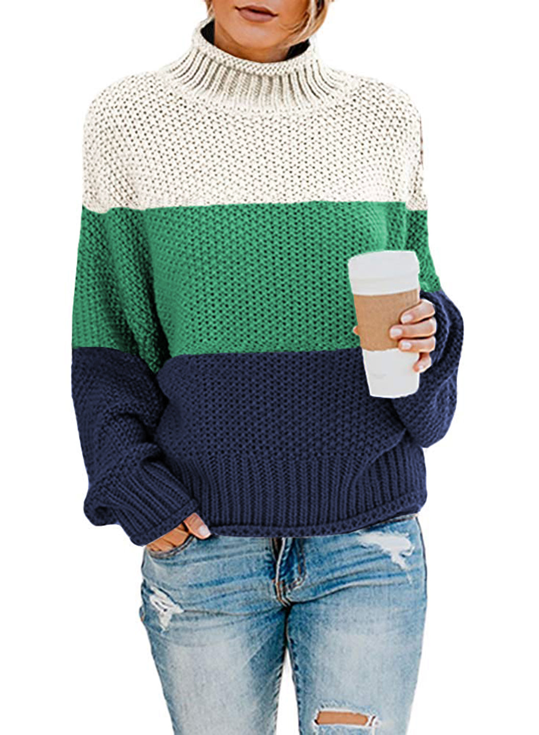 Women's Fashion Cable Knit Turtleneck Sweater Casual Thick Tops Long Sleeve Pullover