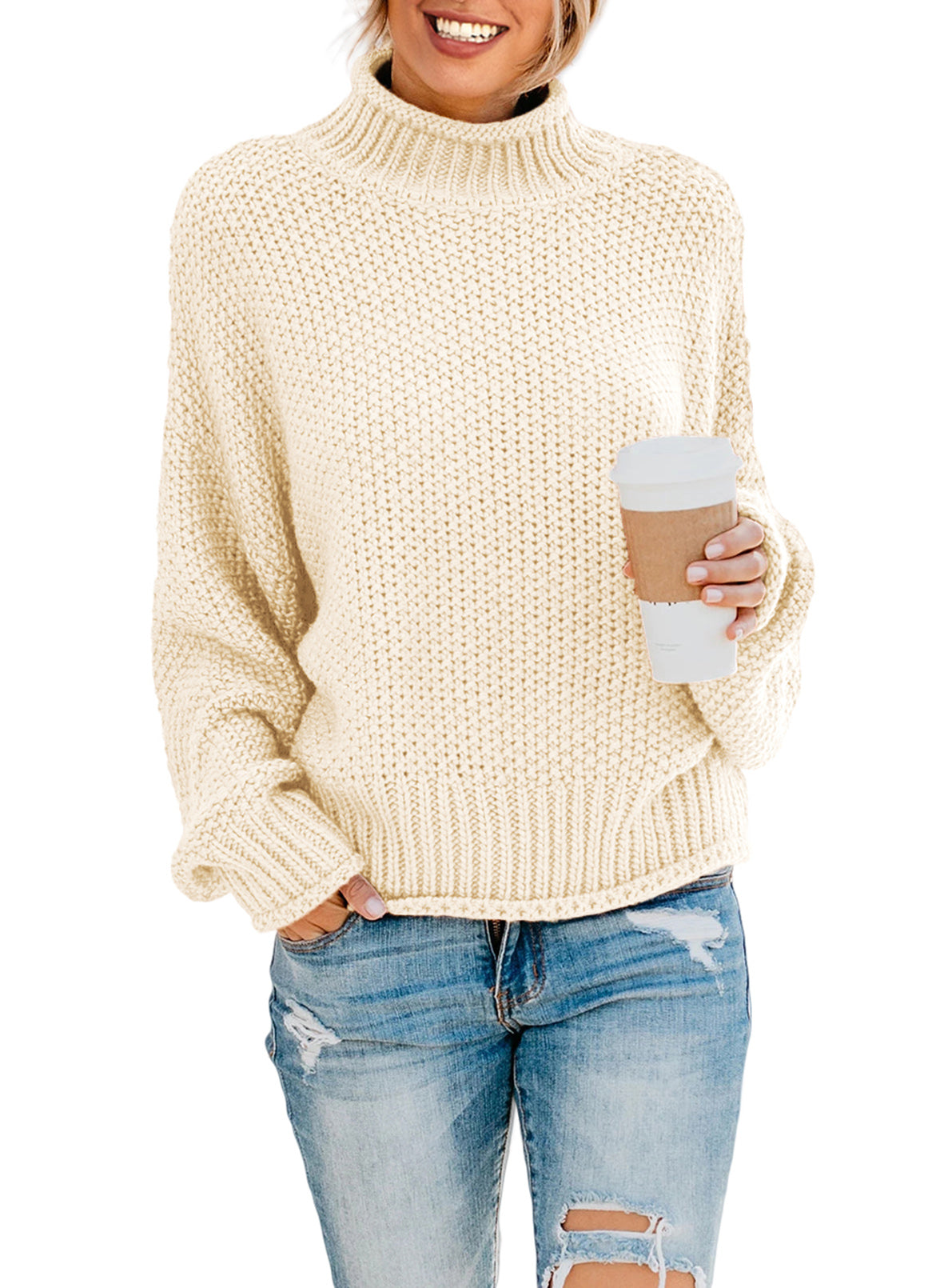 Women's Fashion Cable Knit Turtleneck Sweater Casual Thick Tops Long Sleeve Pullover