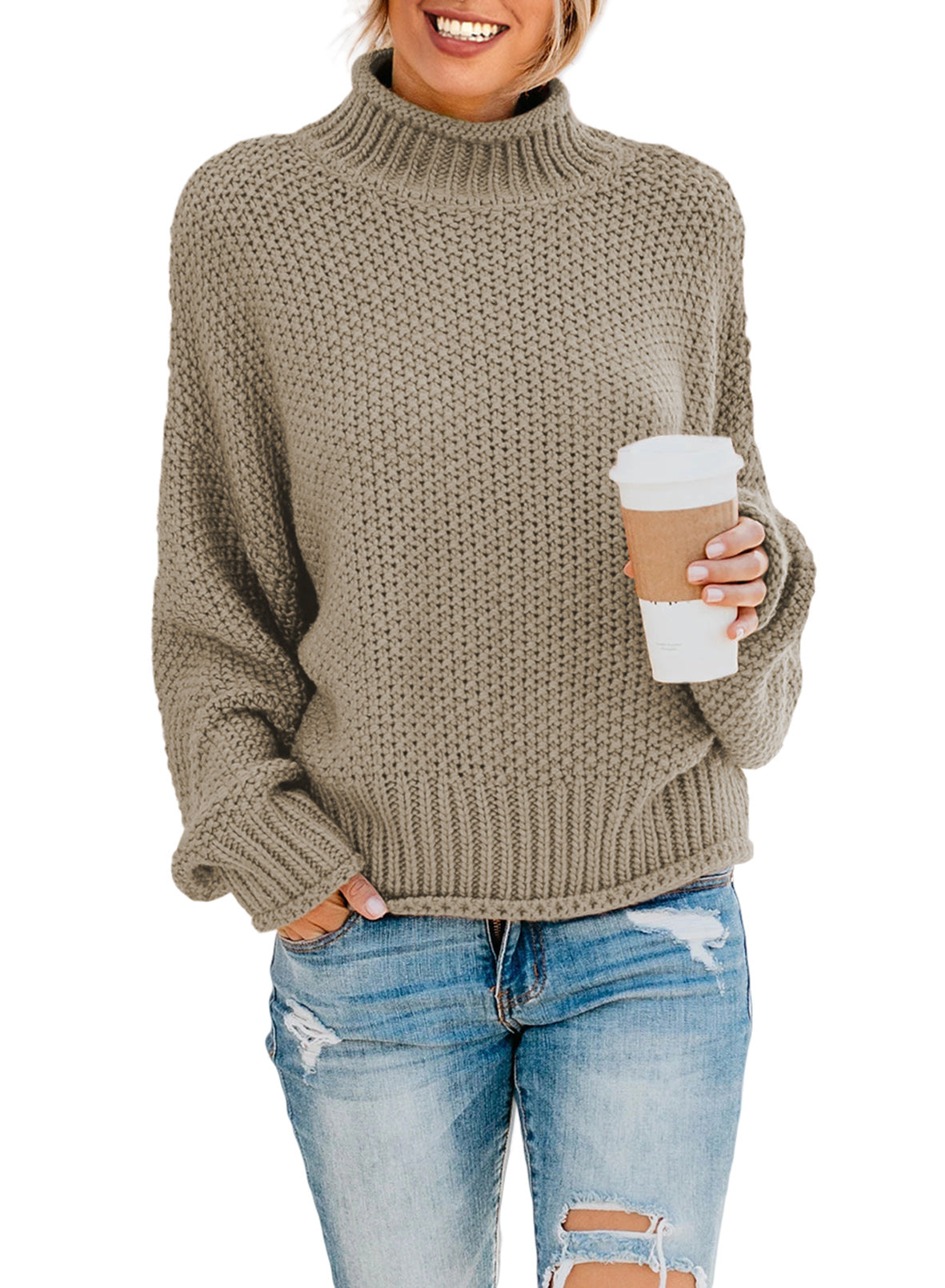 Women's Fashion Cable Knit Turtleneck Sweater Casual Thick Tops Long Sleeve Pullover