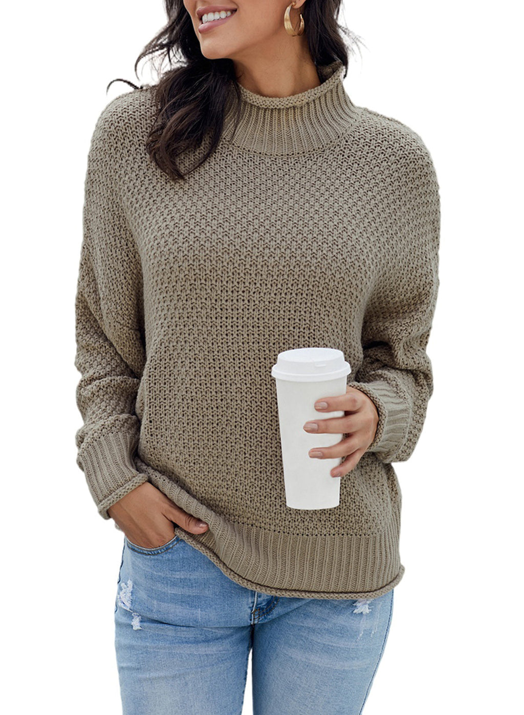 Women's Fashion Cable Knit Turtleneck Sweater Casual Thick Tops Long Sleeve Pullover