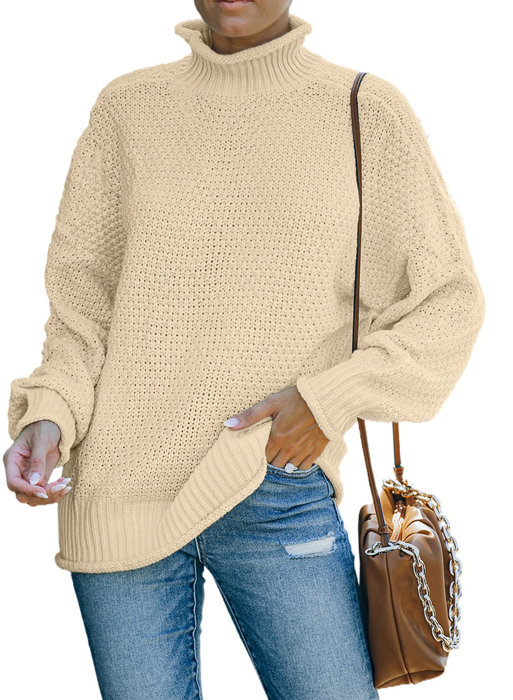 Women's Fashion Cable Knit Turtleneck Sweater Casual Thick Tops Long Sleeve Pullover
