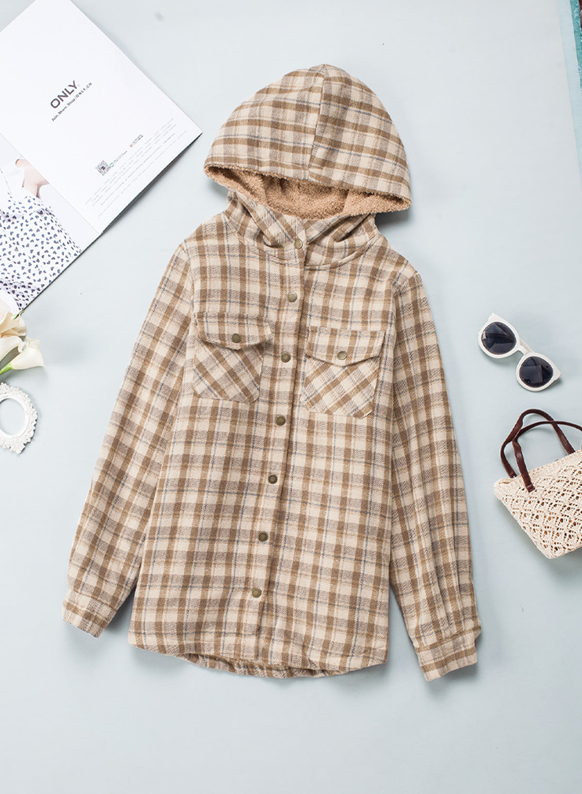 Dokotoo Womens Plaid Shacket Jacket Long Sleeve Button Down Fleece Hooded Jackets Warm Coat