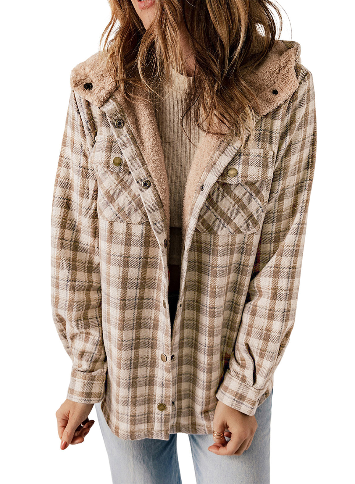 Dokotoo Womens Plaid Shacket Jacket Long Sleeve Button Down Fleece Hooded Jackets Warm Coat