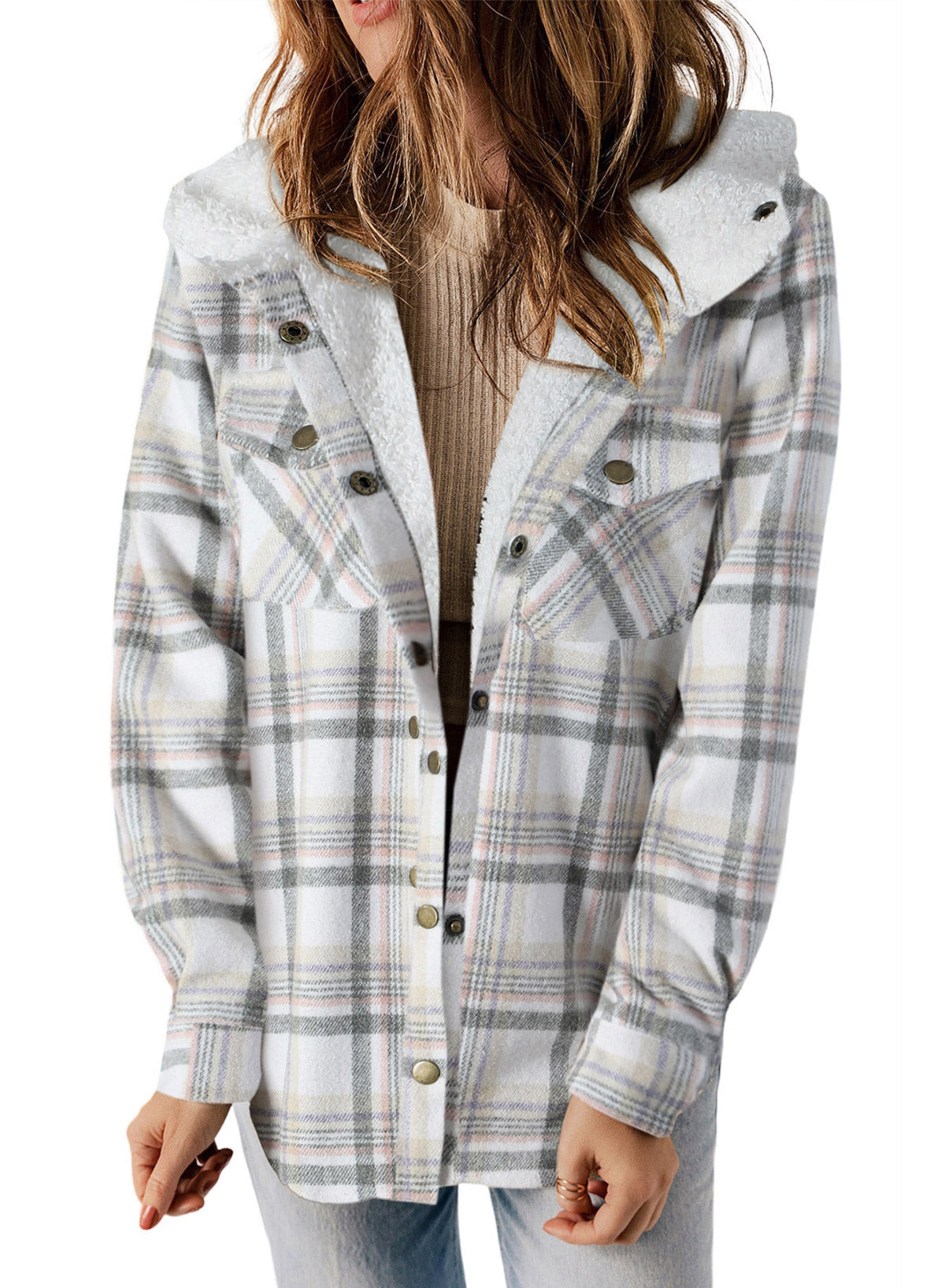 Dokotoo Womens Plaid Shacket Jacket Long Sleeve Button Down Fleece Hooded Jackets Warm Coat