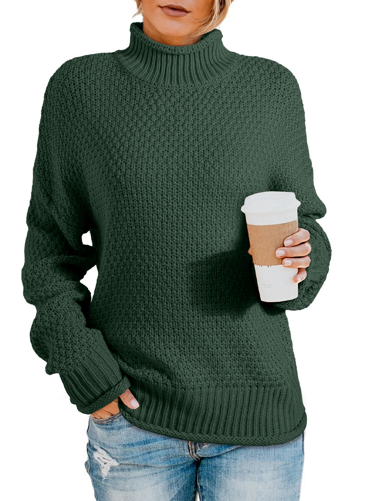 Women's Fashion Cable Knit Turtleneck Sweater Casual Thick Tops Long Sleeve Pullover