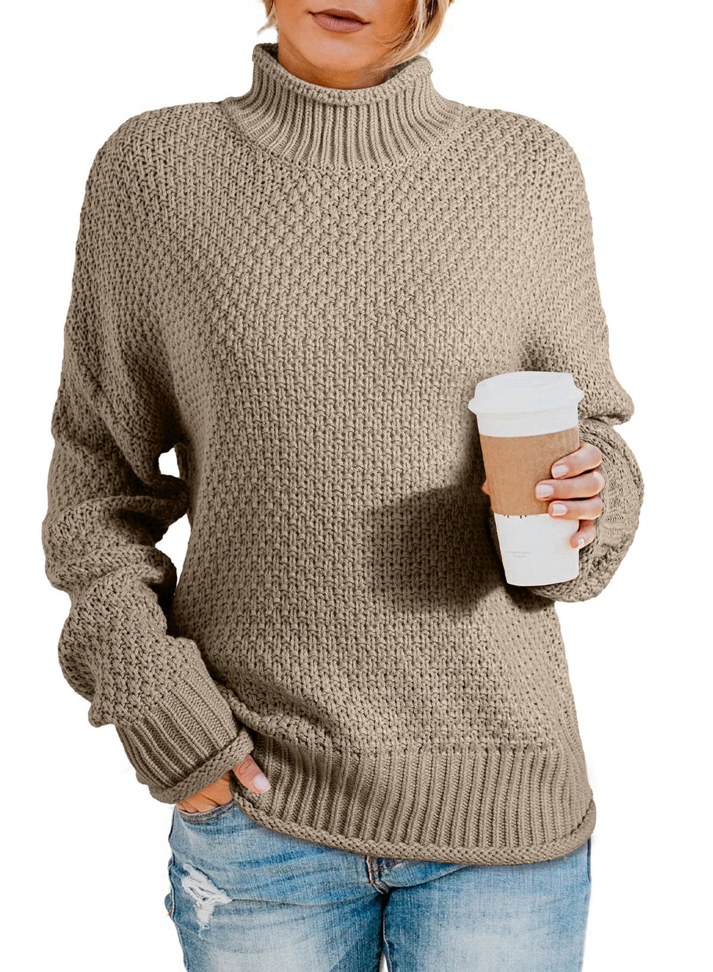 Women's Fashion Cable Knit Turtleneck Sweater Casual Thick Tops Long Sleeve Pullover