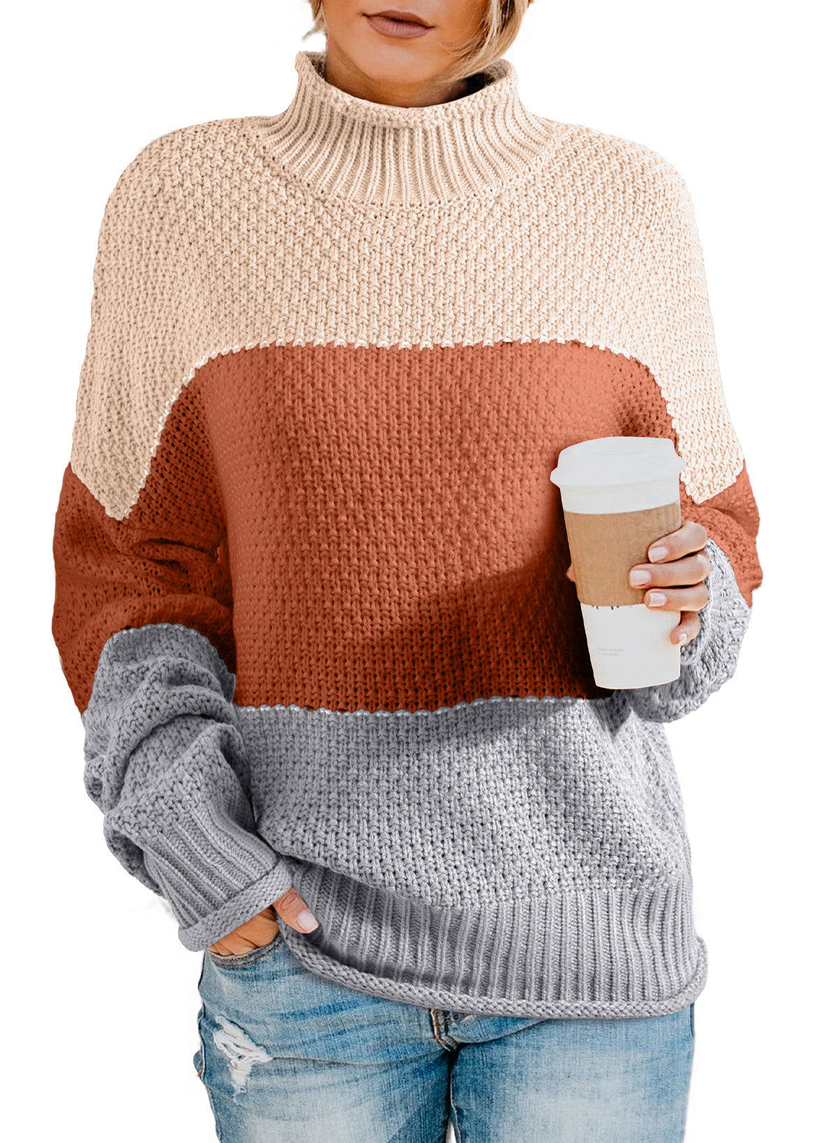 Women's Fashion Cable Knit Turtleneck Sweater Casual Thick Tops Long Sleeve Pullover