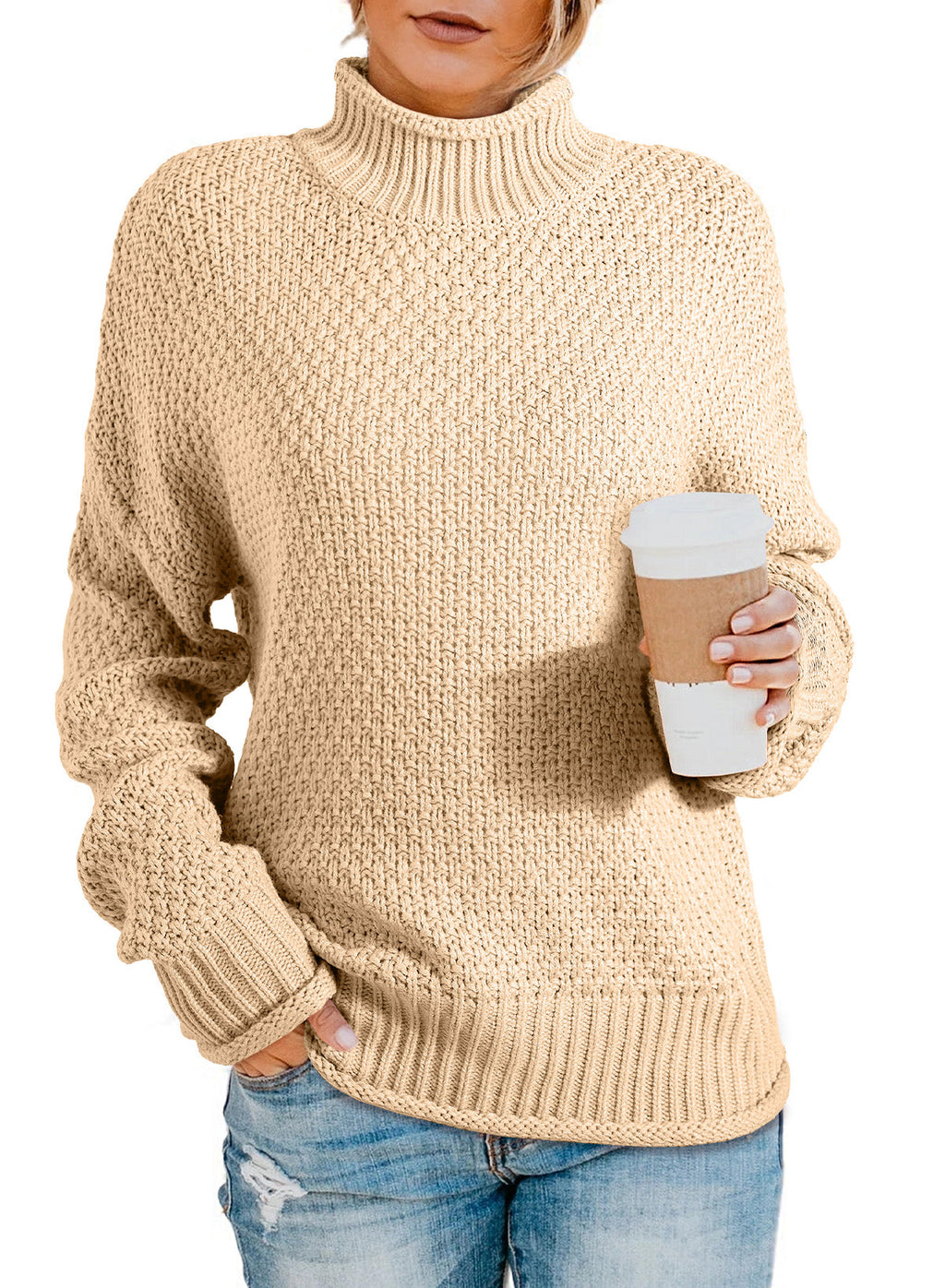 Women's Fashion Cable Knit Turtleneck Sweater Casual Thick Tops Long Sleeve Pullover