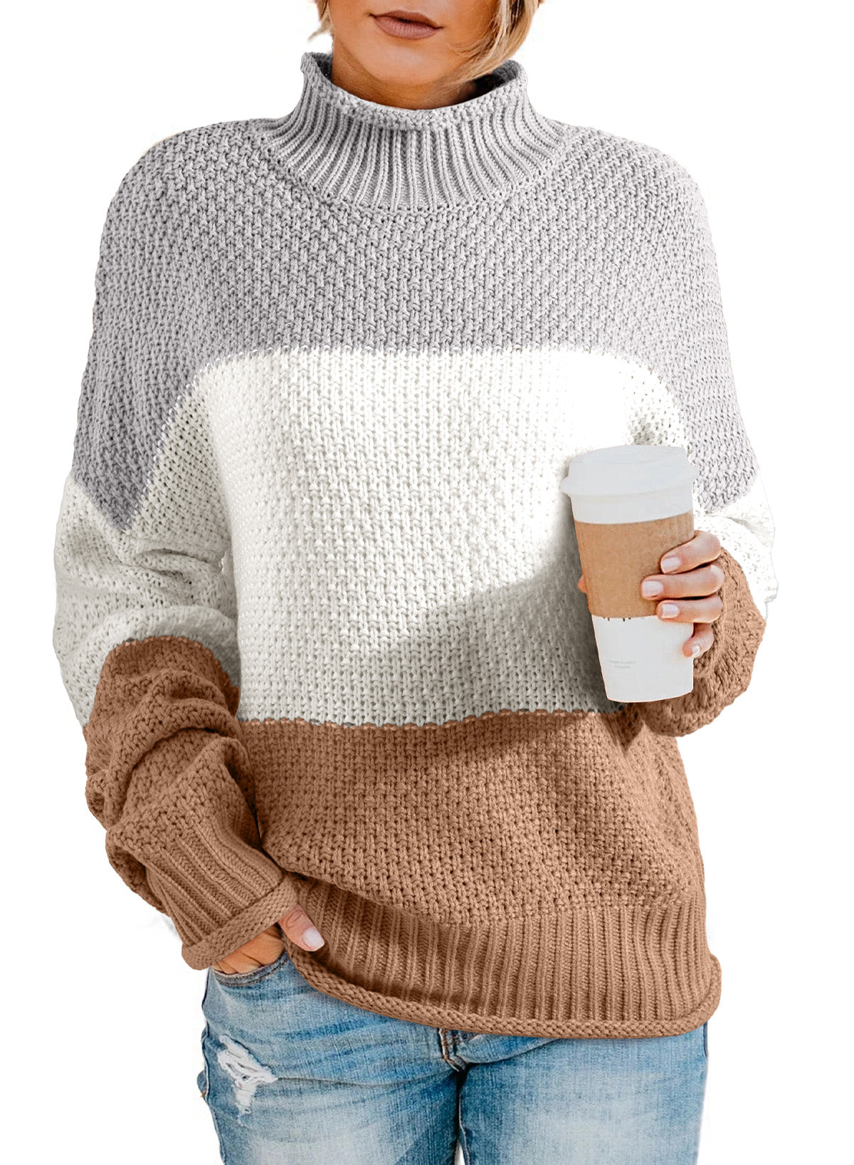 Women's Fashion Cable Knit Turtleneck Sweater Casual Thick Tops Long Sleeve Pullover