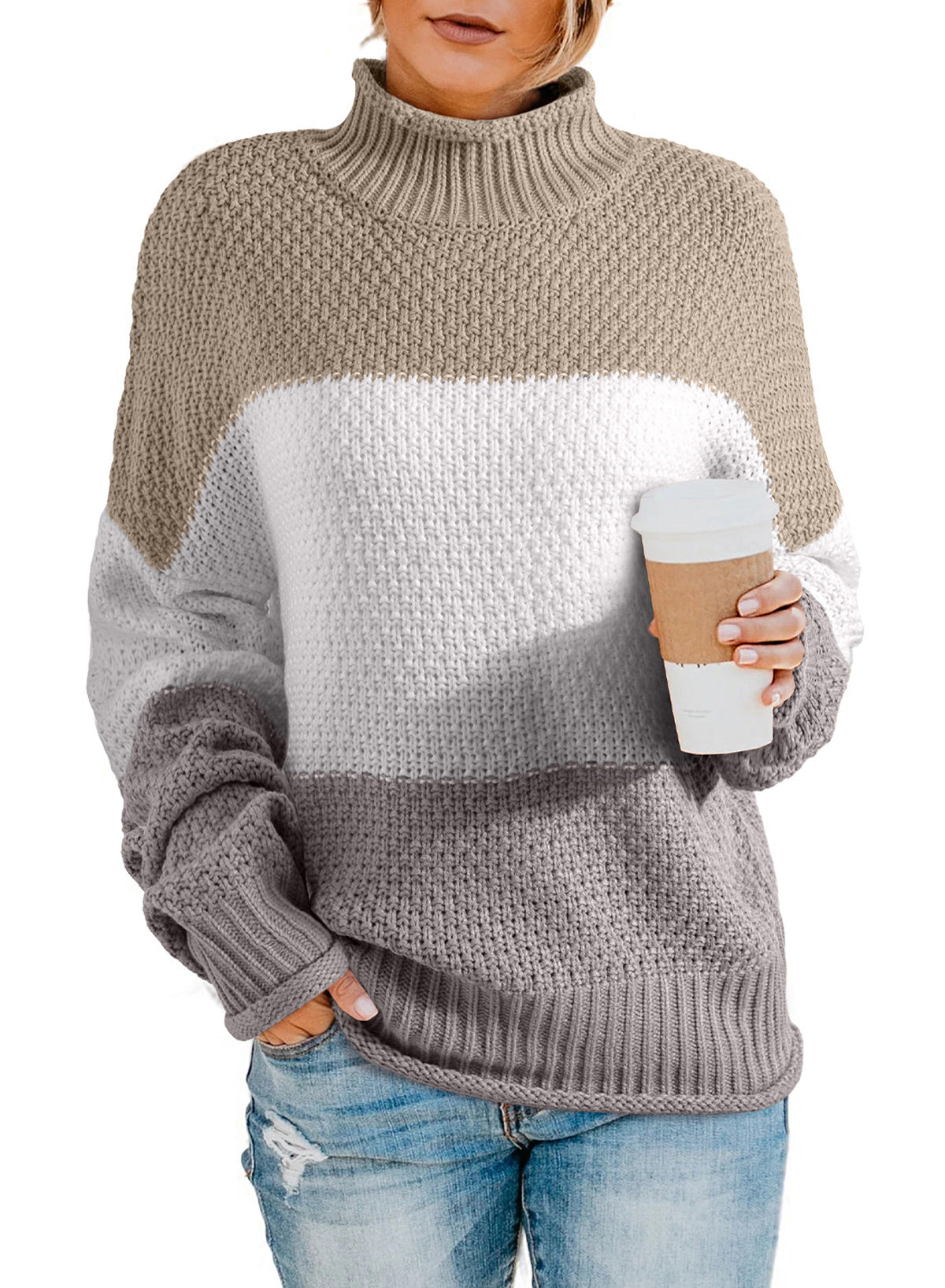Women's Fashion Cable Knit Turtleneck Sweater Casual Thick Tops Long Sleeve Pullover