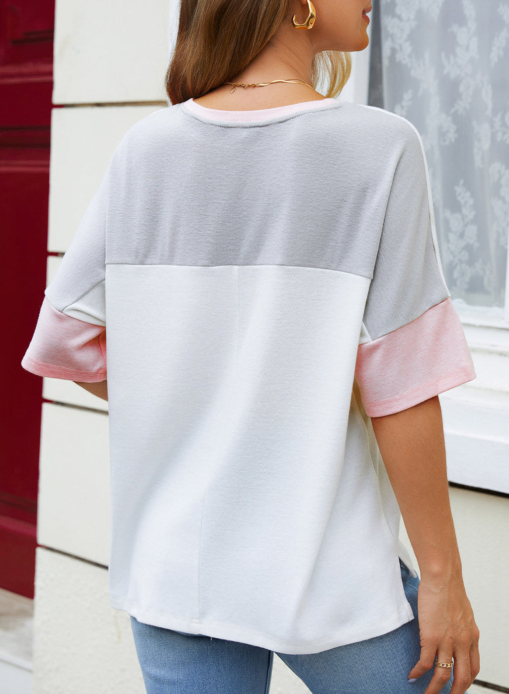 Dokotoo Womens Tops Oversized Trendy Shirts Color Block Crewneck Blouses