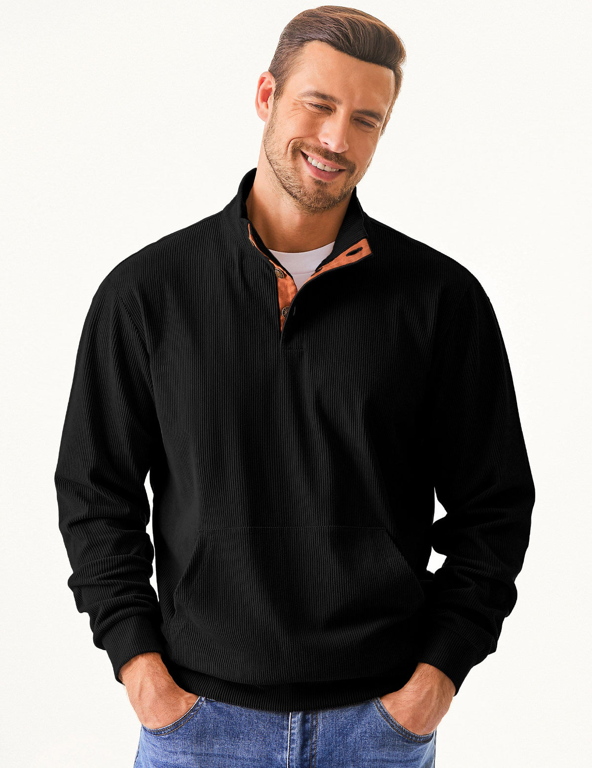 Dokotoo Men Men's Corduroy Sweatshirt Casual Long Sleeve Stand Collar Knitted Pullover Button Sweaters with Pockets