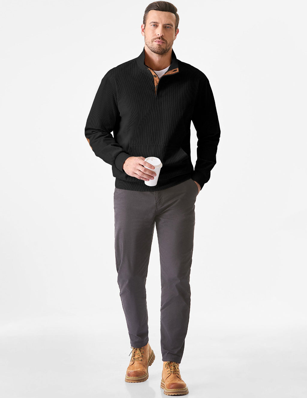 Dokotoo Men Men's Corduroy Sweatshirt Casual Long Sleeve Stand Collar Knitted Pullover Button Sweaters with Pockets