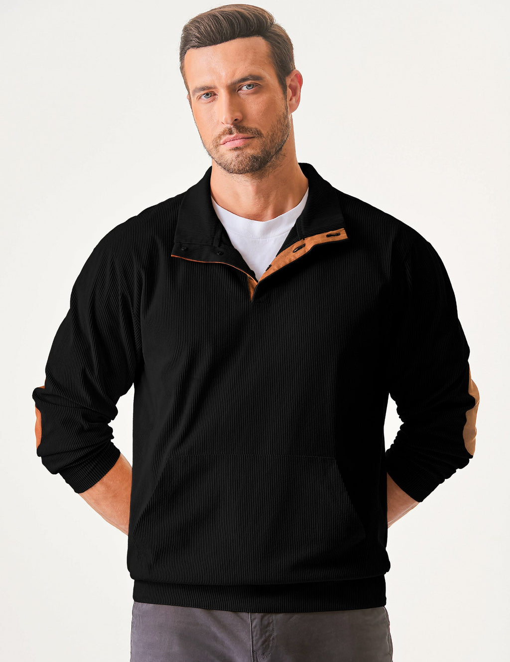 Dokotoo Men Men's Corduroy Sweatshirt Casual Long Sleeve Stand Collar Knitted Pullover Button Sweaters with Pockets