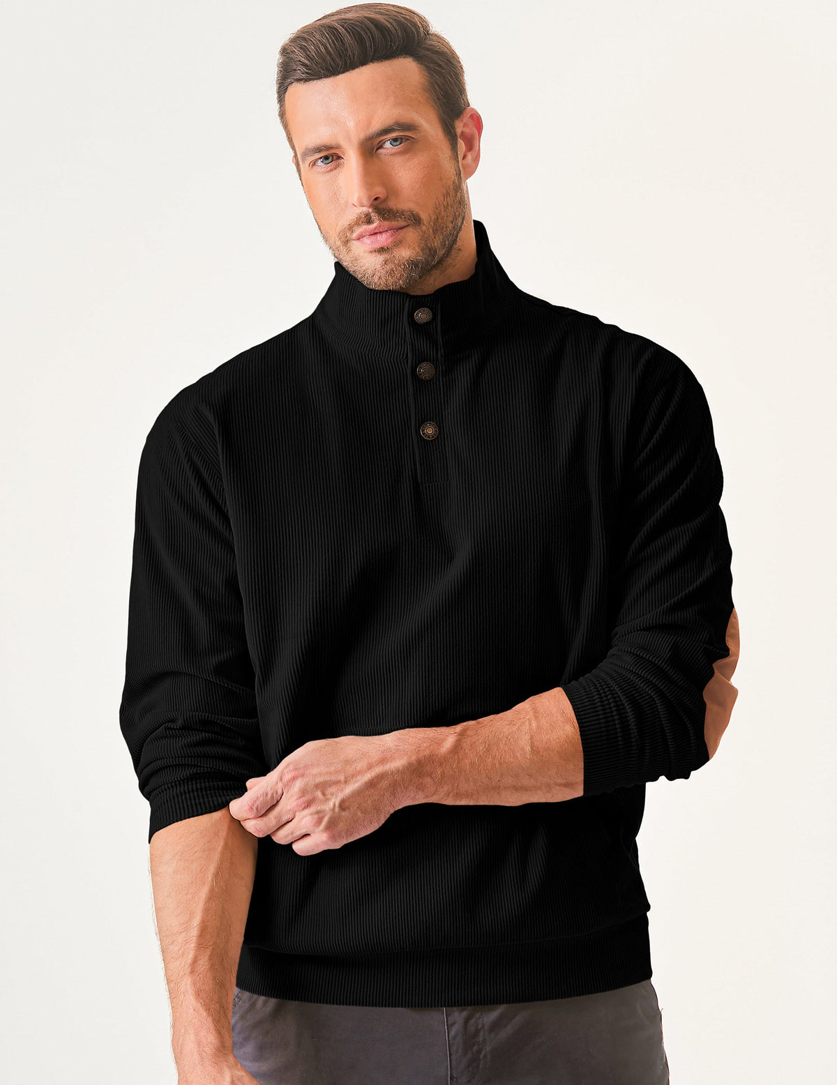 Dokotoo Men Men's Corduroy Sweatshirt Casual Long Sleeve Stand Collar Knitted Pullover Button Sweaters with Pockets