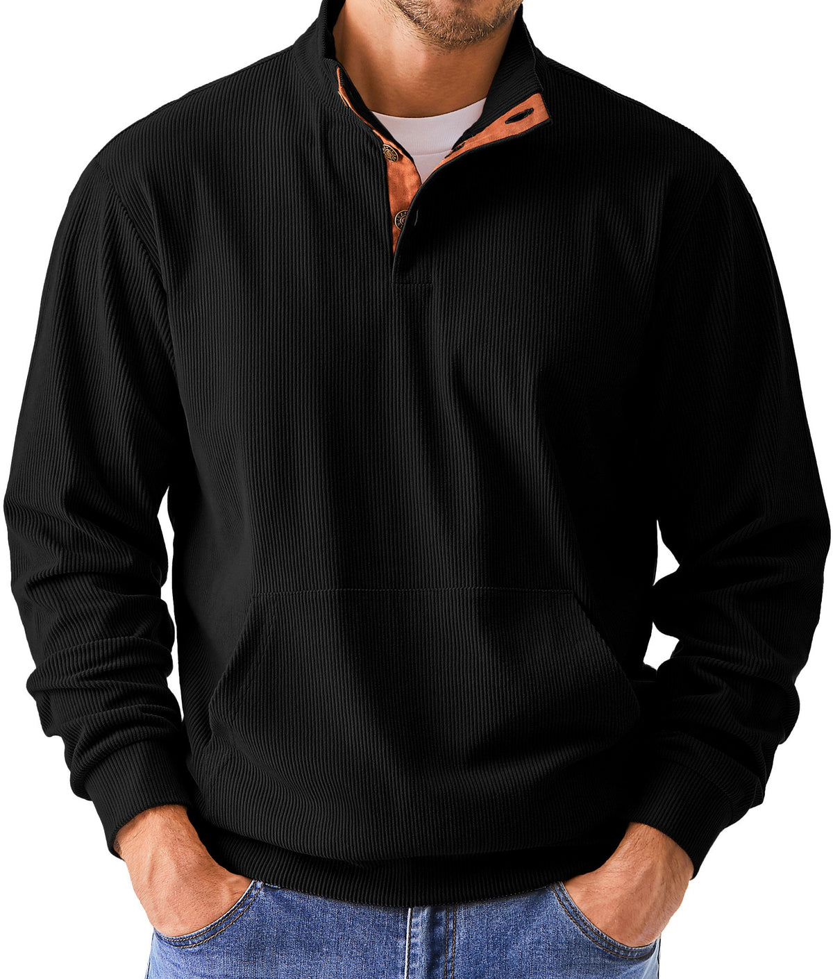 Dokotoo Men Men's Corduroy Sweatshirt Casual Long Sleeve Stand Collar Knitted Pullover Button Sweaters with Pockets