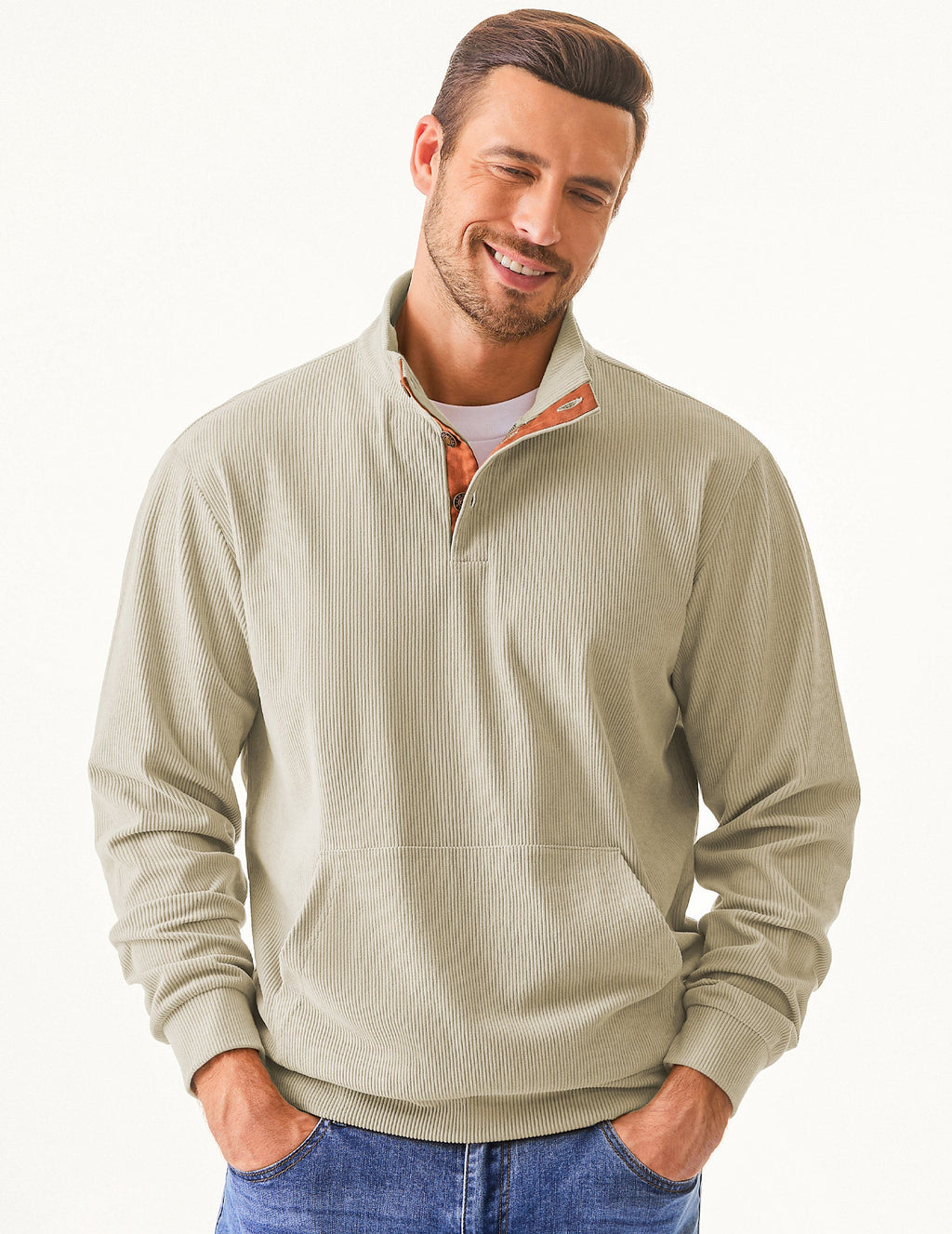 Dokotoo Men Men's Corduroy Sweatshirt Casual Long Sleeve Stand Collar Knitted Pullover Button Sweaters with Pockets