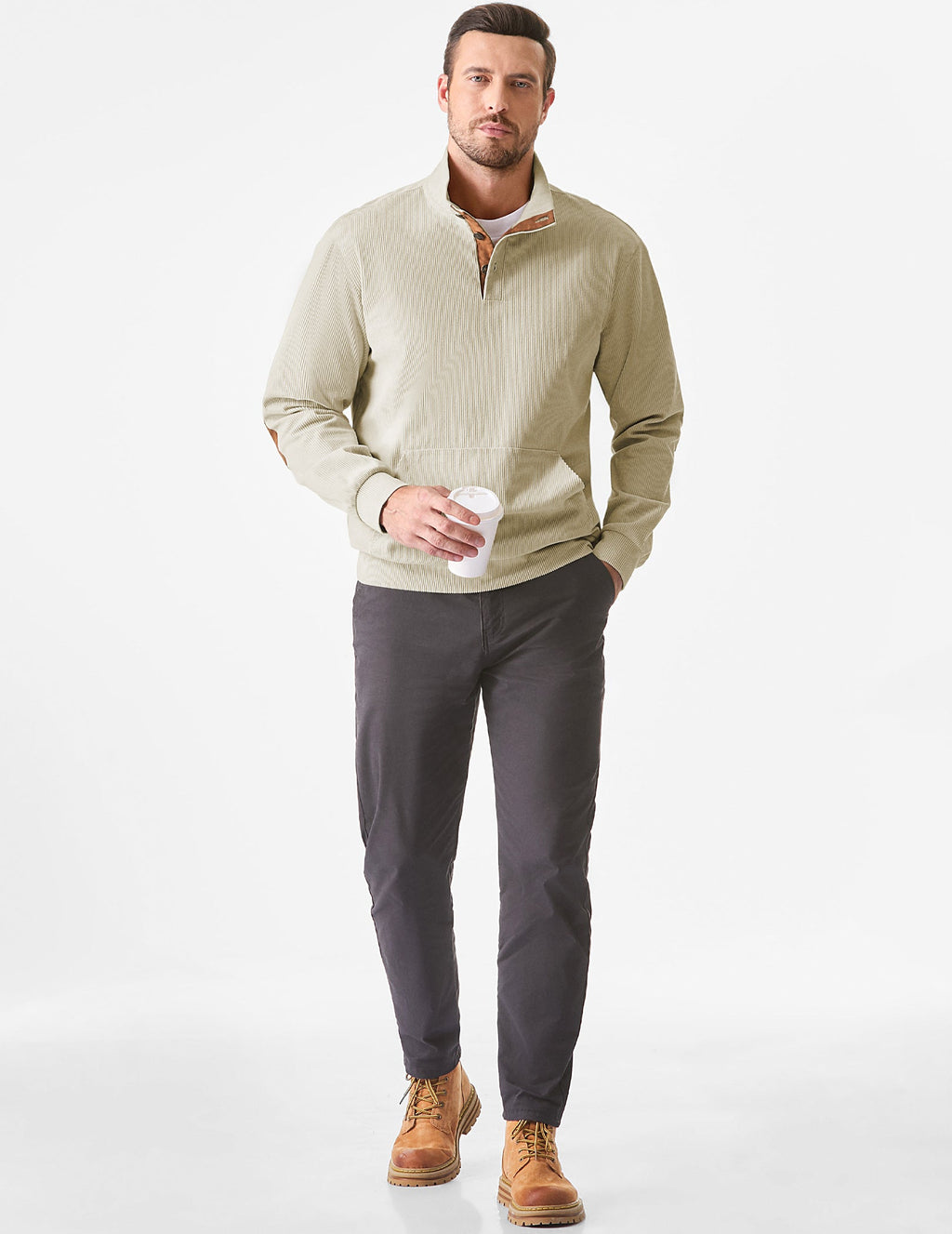 Dokotoo Men Men's Corduroy Sweatshirt Casual Long Sleeve Stand Collar Knitted Pullover Button Sweaters with Pockets