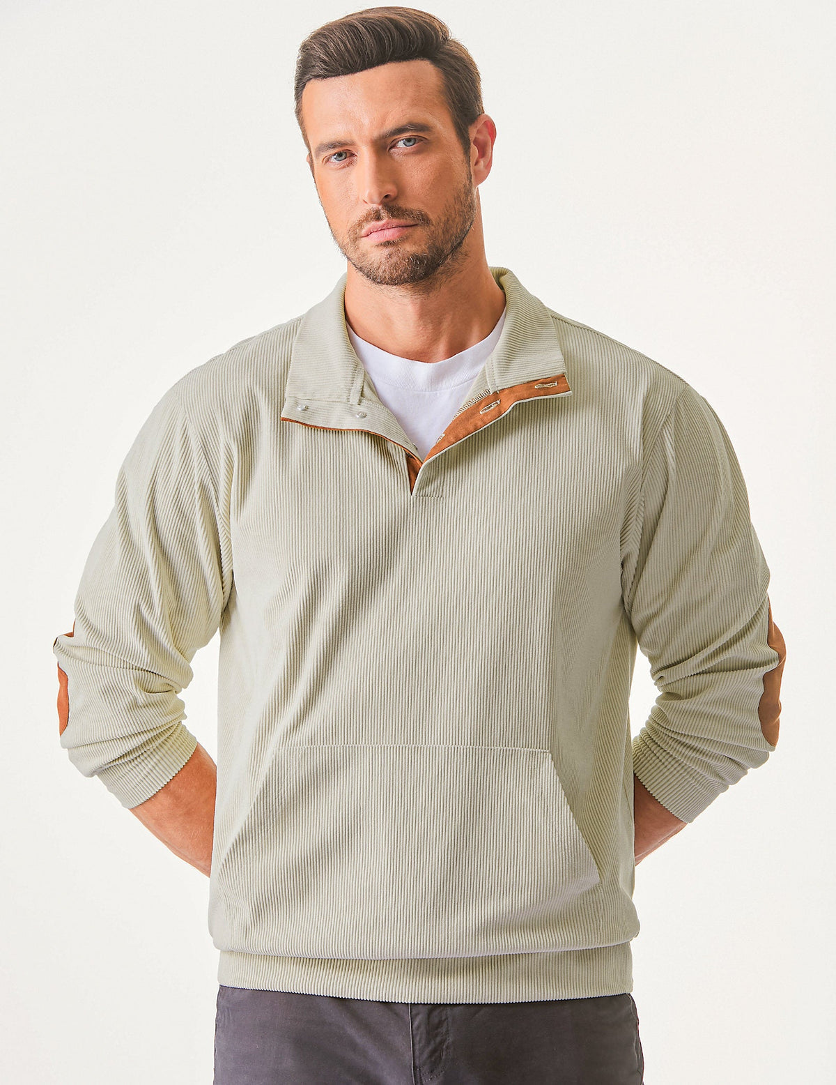 Dokotoo Men Men's Corduroy Sweatshirt Casual Long Sleeve Stand Collar Knitted Pullover Button Sweaters with Pockets