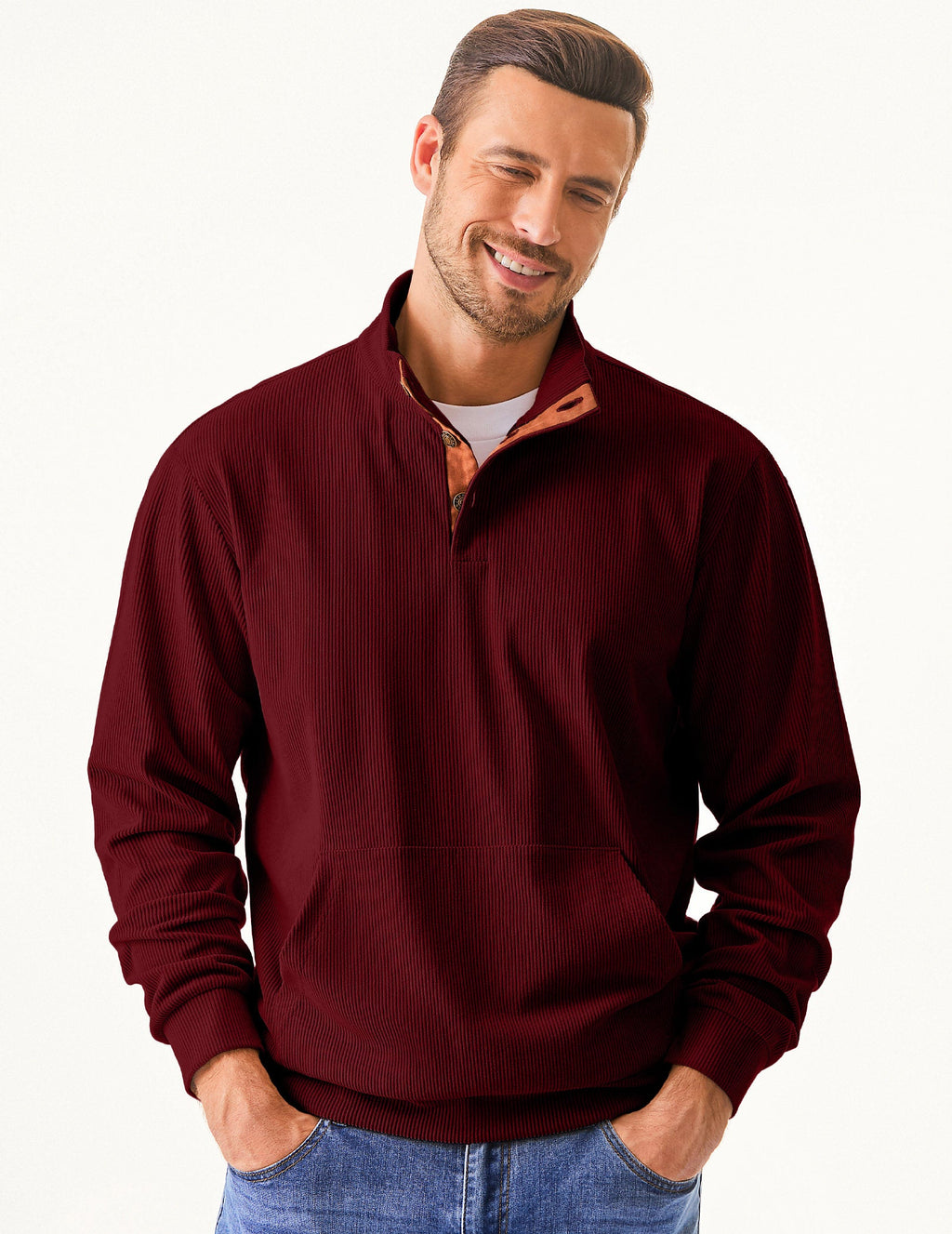 Dokotoo Men Men's Corduroy Sweatshirt Casual Long Sleeve Stand Collar Knitted Pullover Button Sweaters with Pockets