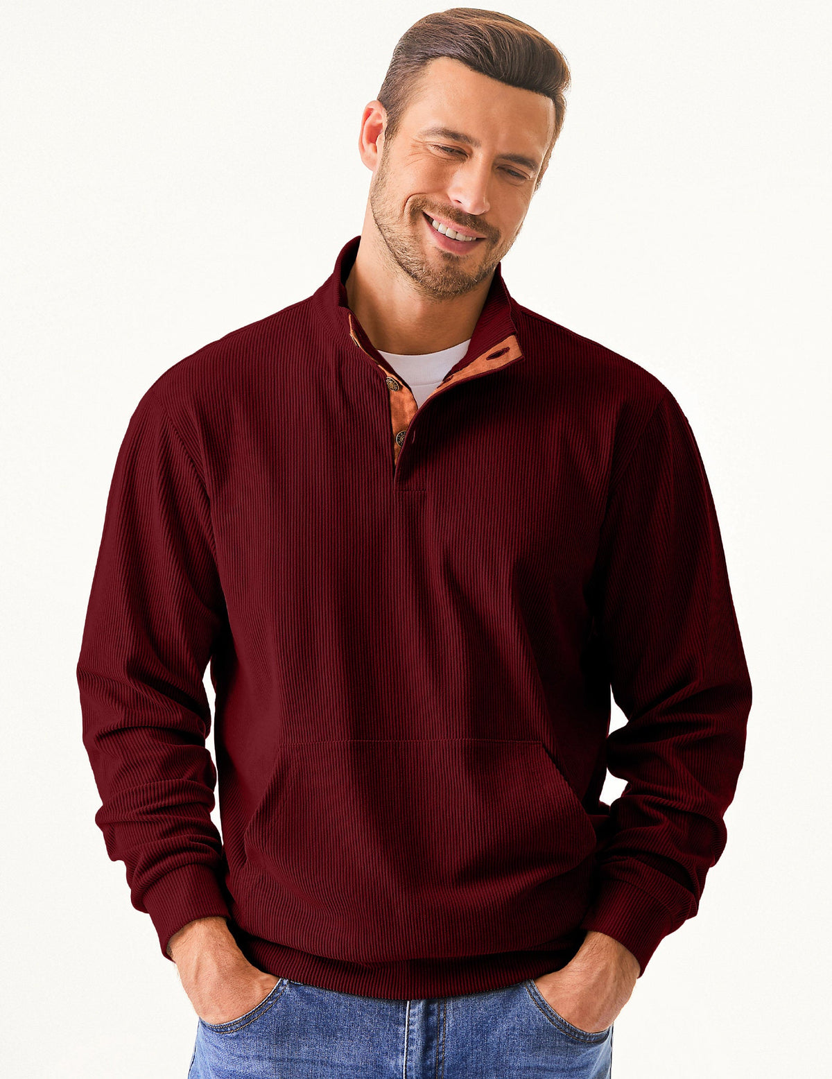 Dokotoo Men Men's Corduroy Sweatshirt Casual Long Sleeve Stand Collar Knitted Pullover Button Sweaters with Pockets