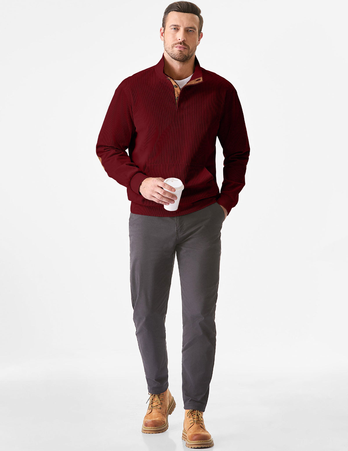Dokotoo Men Men's Corduroy Sweatshirt Casual Long Sleeve Stand Collar Knitted Pullover Button Sweaters with Pockets