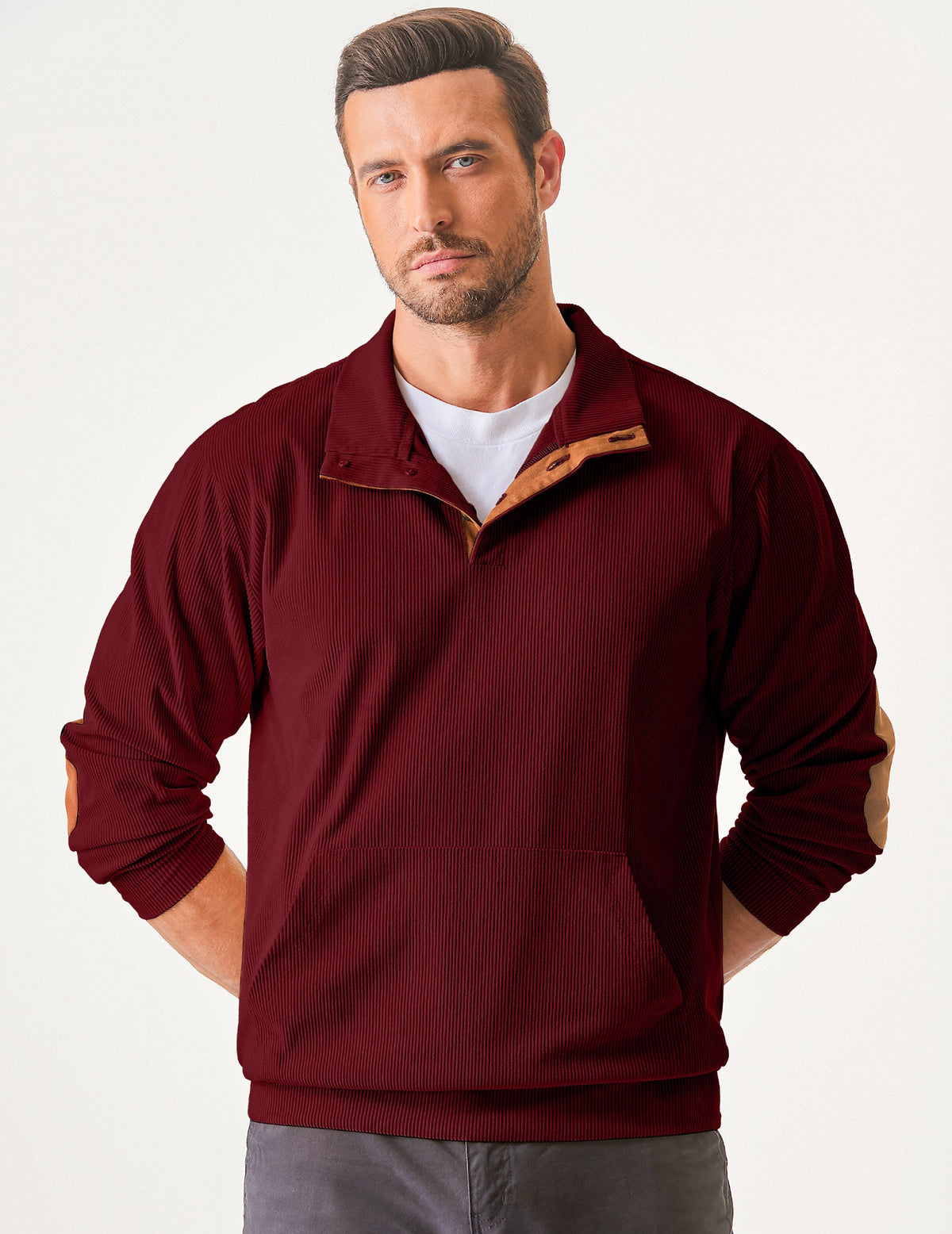 Dokotoo Men Men's Corduroy Sweatshirt Casual Long Sleeve Stand Collar Knitted Pullover Button Sweaters with Pockets