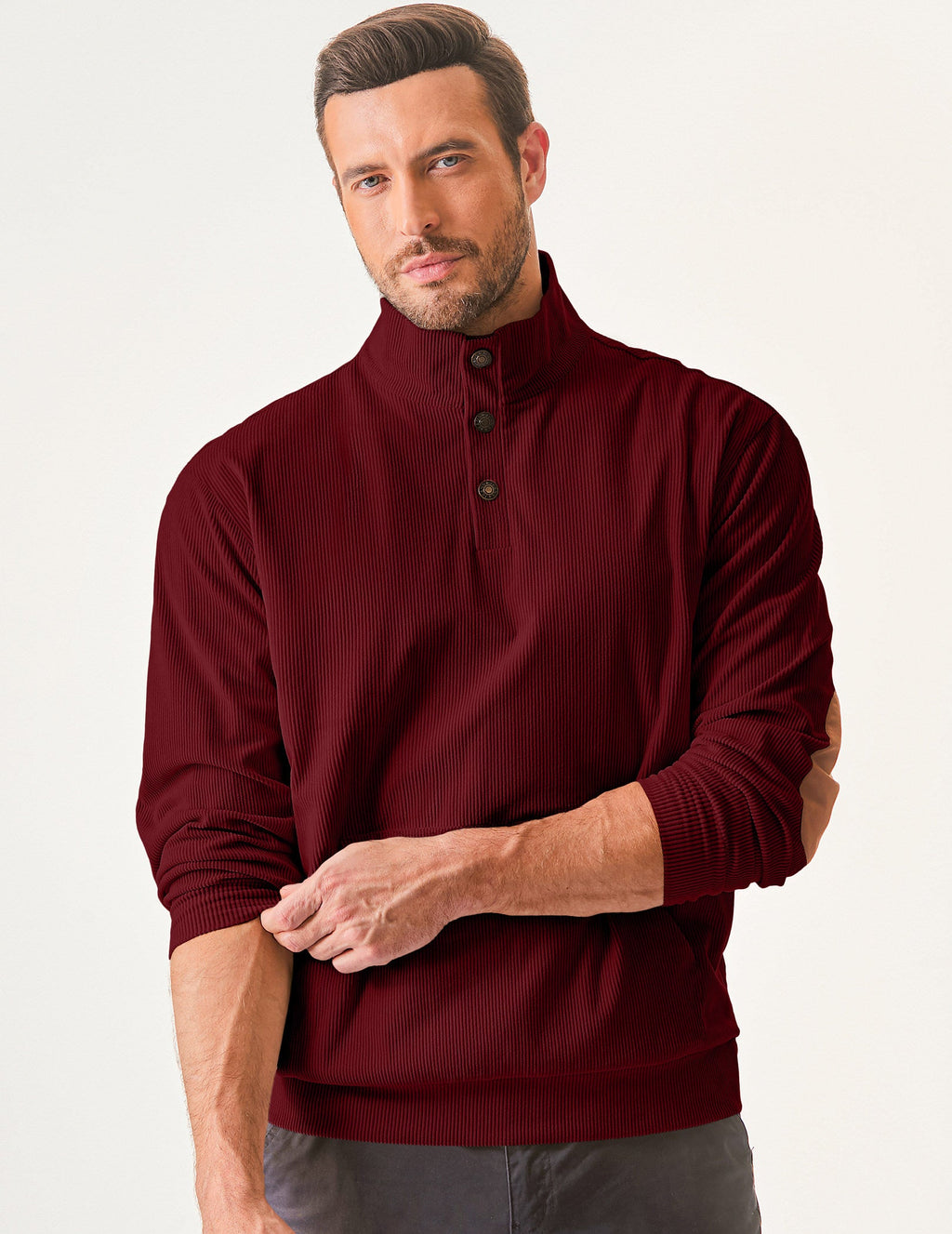 Dokotoo Men Men's Corduroy Sweatshirt Casual Long Sleeve Stand Collar Knitted Pullover Button Sweaters with Pockets
