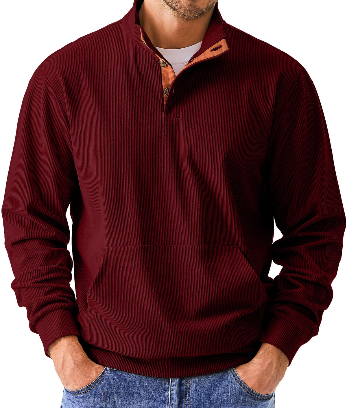 Dokotoo Men Men's Corduroy Sweatshirt Casual Long Sleeve Stand Collar Knitted Pullover Button Sweaters with Pockets