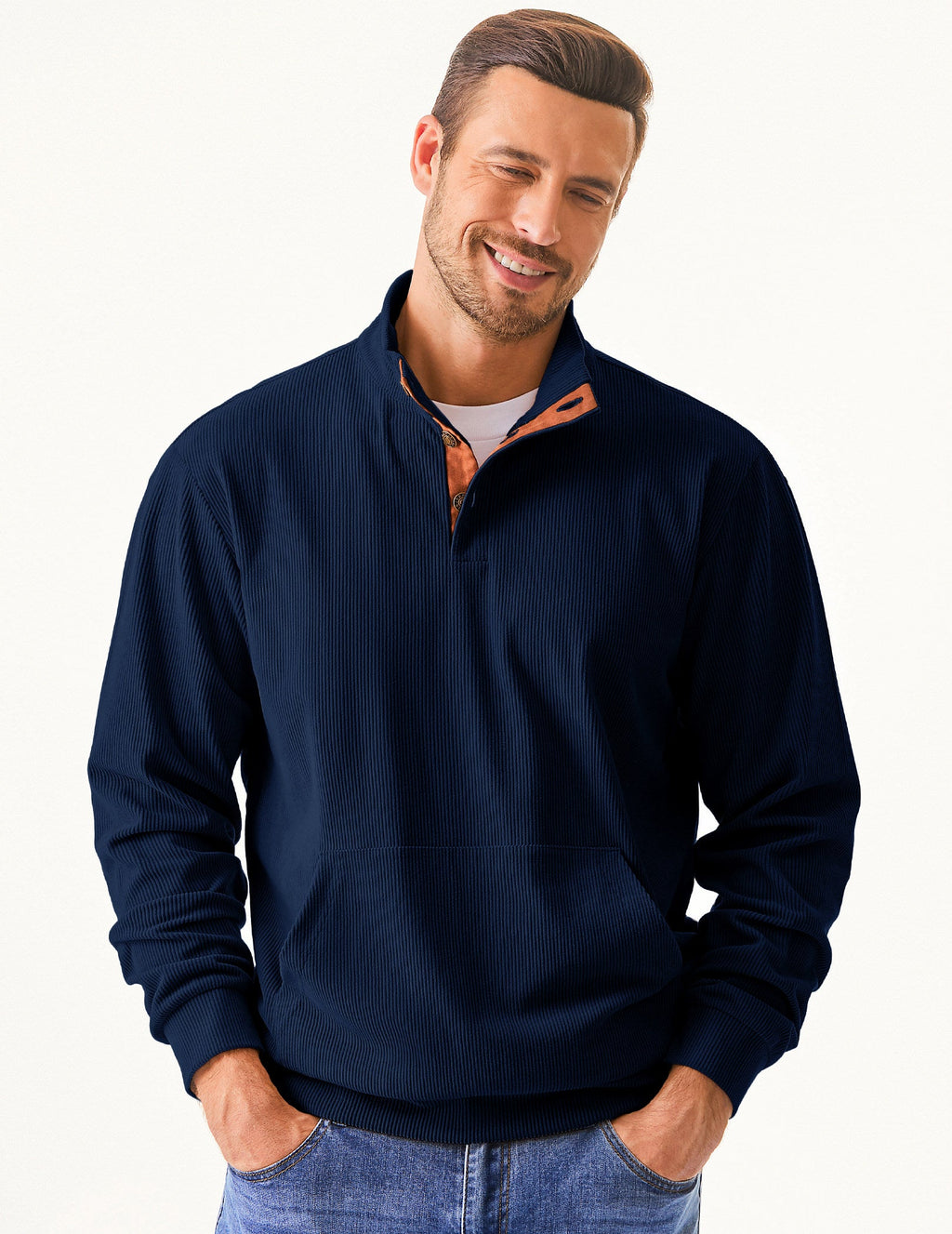 Dokotoo Men Men's Corduroy Sweatshirt Casual Long Sleeve Stand Collar Knitted Pullover Button Sweaters with Pockets