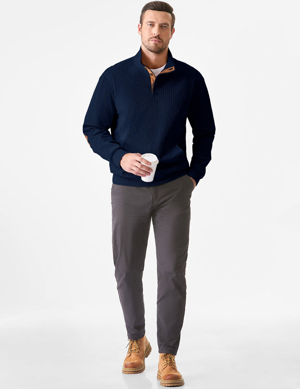 Dokotoo Men Men's Corduroy Sweatshirt Casual Long Sleeve Stand Collar Knitted Pullover Button Sweaters with Pockets