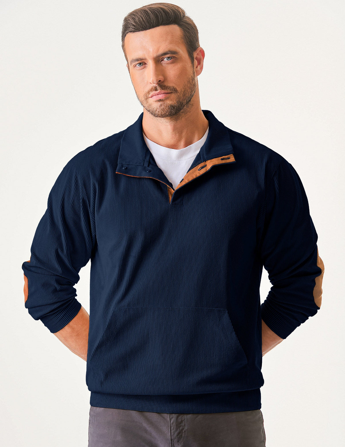 Dokotoo Men Men's Corduroy Sweatshirt Casual Long Sleeve Stand Collar Knitted Pullover Button Sweaters with Pockets