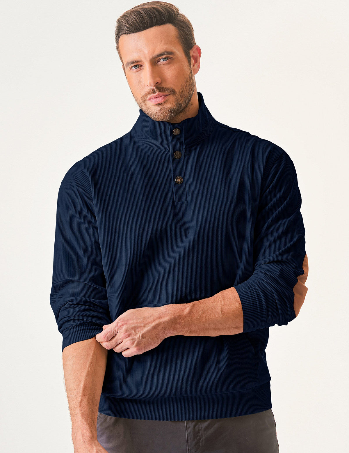 Dokotoo Men Men's Corduroy Sweatshirt Casual Long Sleeve Stand Collar Knitted Pullover Button Sweaters with Pockets