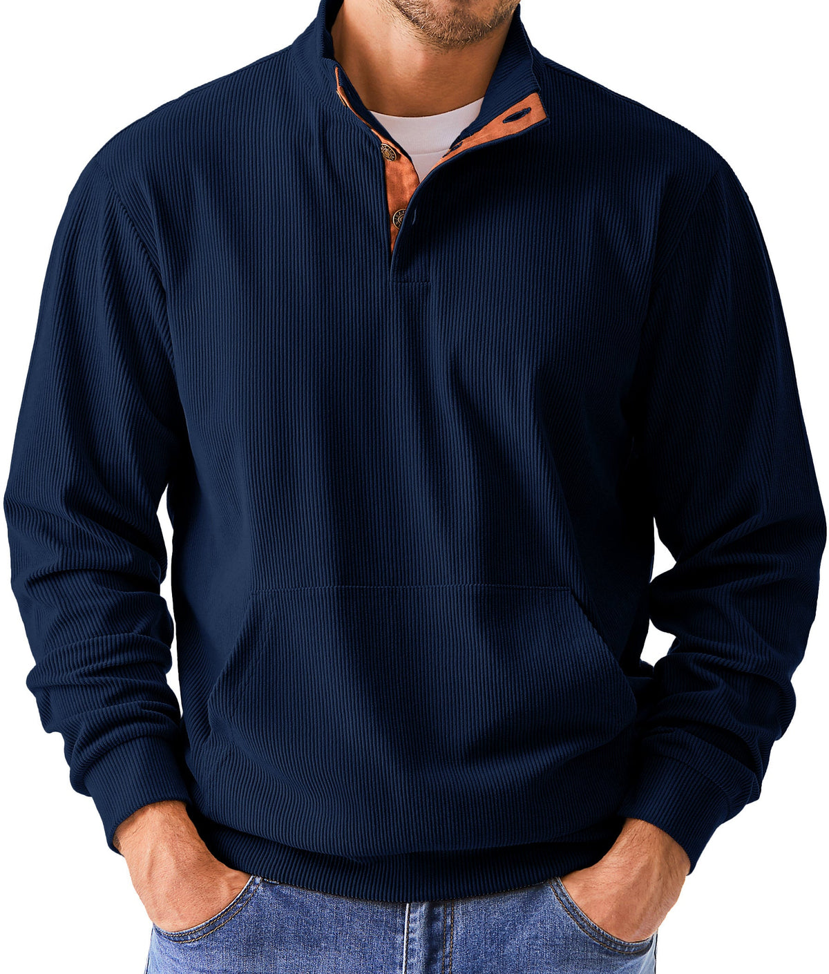 Dokotoo Men Men's Corduroy Sweatshirt Casual Long Sleeve Stand Collar Knitted Pullover Button Sweaters with Pockets
