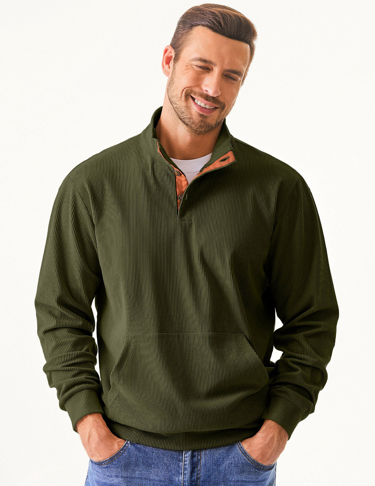 Dokotoo Men Men's Corduroy Sweatshirt Casual Long Sleeve Stand Collar Knitted Pullover Button Sweaters with Pockets