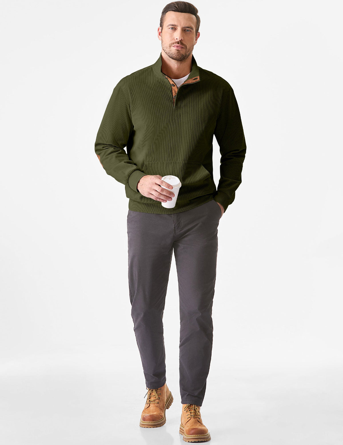 Dokotoo Men Men's Corduroy Sweatshirt Casual Long Sleeve Stand Collar Knitted Pullover Button Sweaters with Pockets