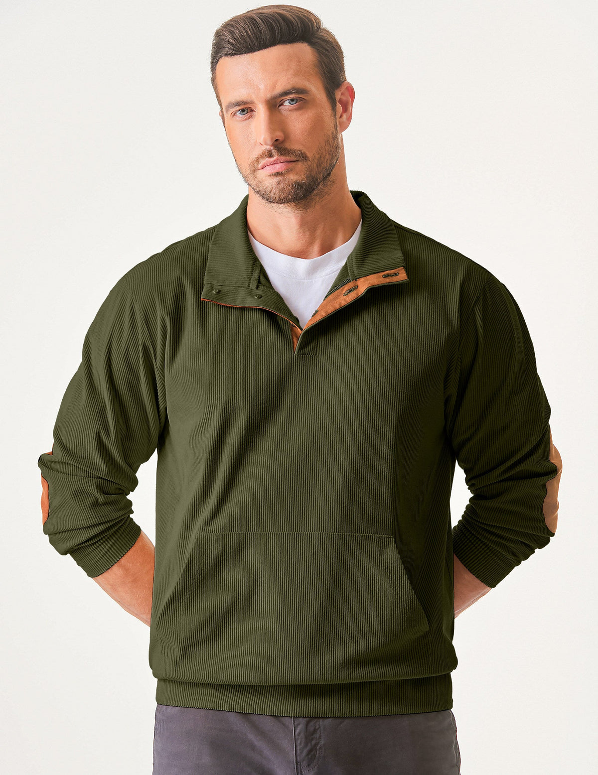 Dokotoo Men Men's Corduroy Sweatshirt Casual Long Sleeve Stand Collar Knitted Pullover Button Sweaters with Pockets