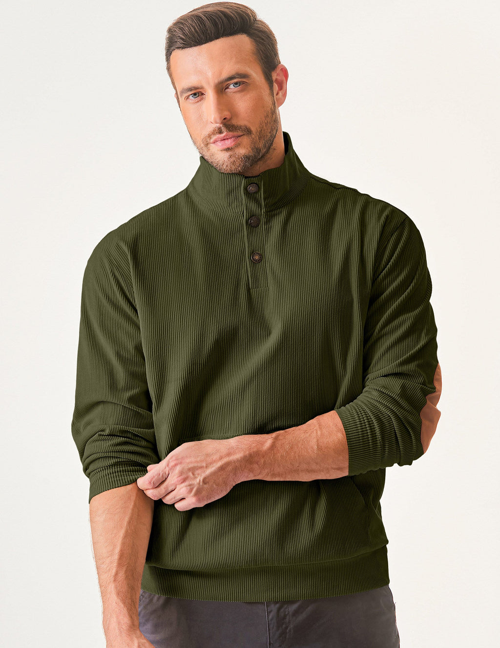 Dokotoo Men Men's Corduroy Sweatshirt Casual Long Sleeve Stand Collar Knitted Pullover Button Sweaters with Pockets