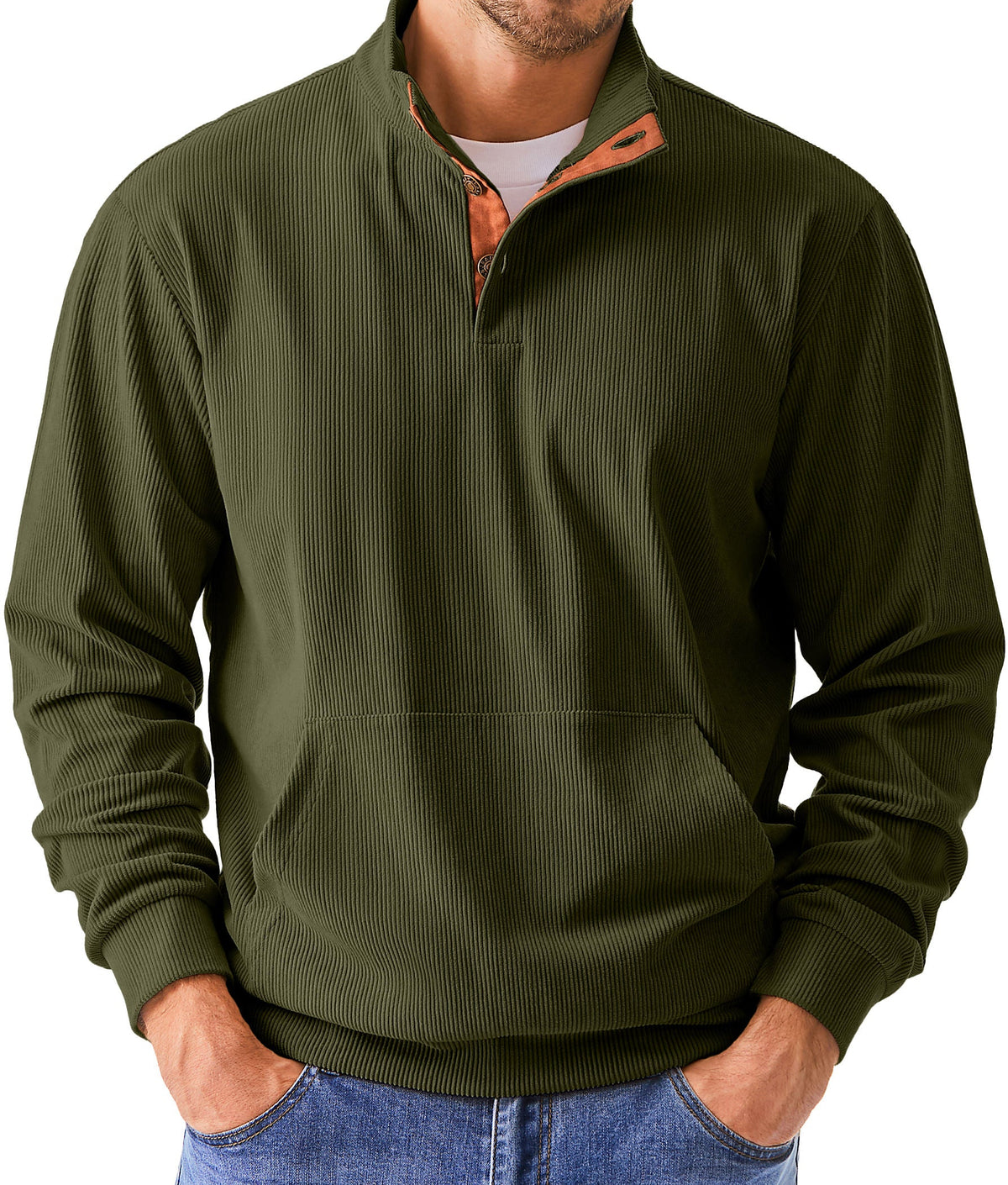 Dokotoo Men Men's Corduroy Sweatshirt Casual Long Sleeve Stand Collar Knitted Pullover Button Sweaters with Pockets
