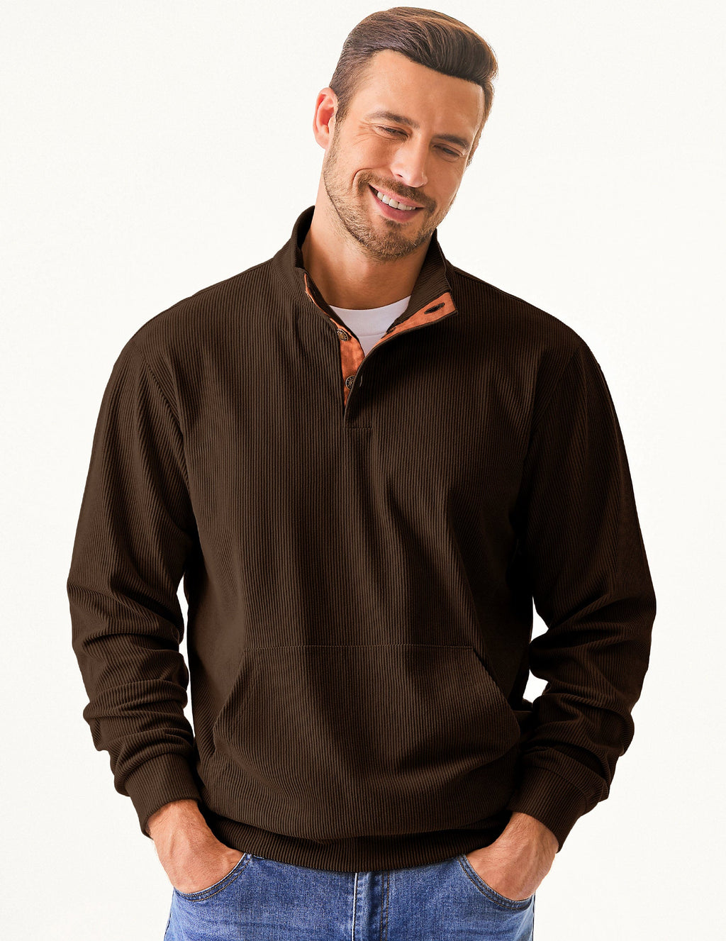 Dokotoo Men Men's Corduroy Sweatshirt Casual Long Sleeve Stand Collar Knitted Pullover Button Sweaters with Pockets
