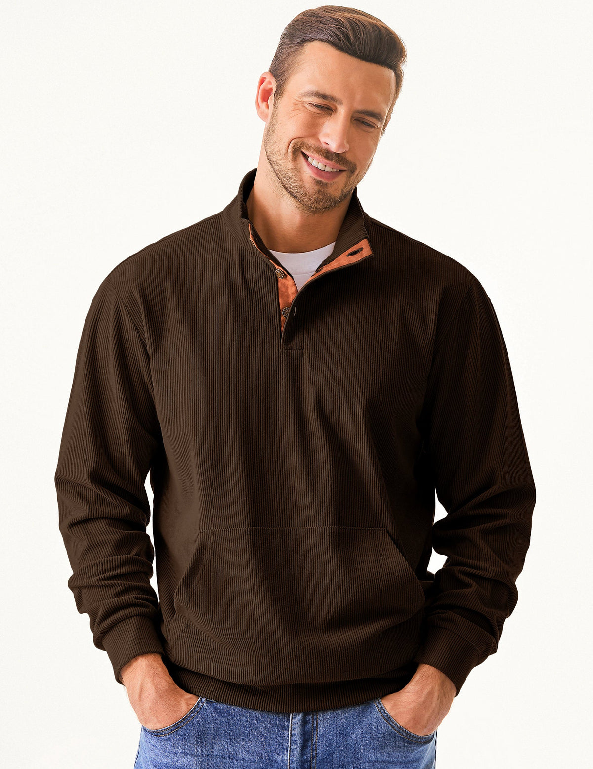 Dokotoo Men Men's Corduroy Sweatshirt Casual Long Sleeve Stand Collar Knitted Pullover Button Sweaters with Pockets