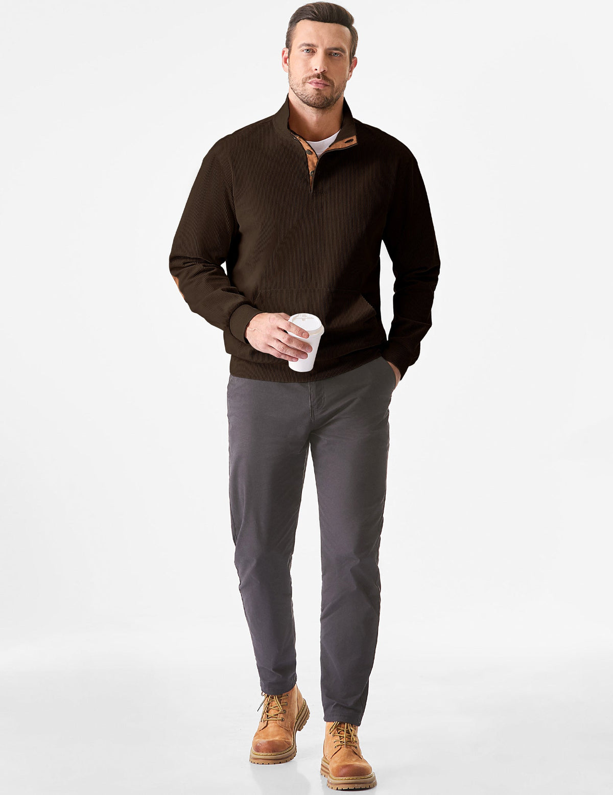 Dokotoo Men Men's Corduroy Sweatshirt Casual Long Sleeve Stand Collar Knitted Pullover Button Sweaters with Pockets