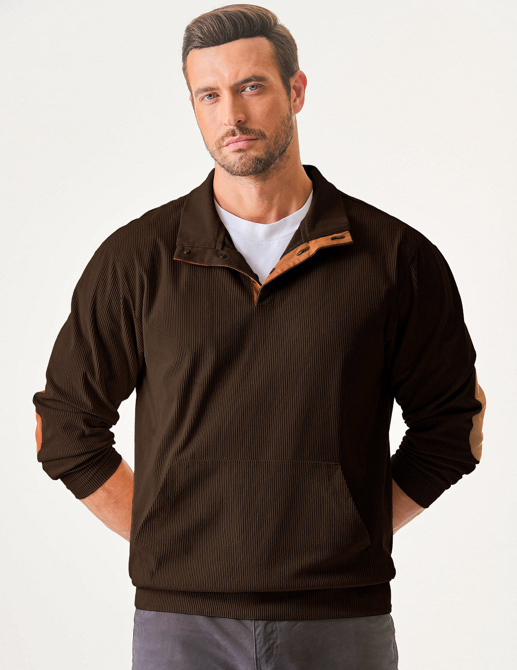 Dokotoo Men Men's Corduroy Sweatshirt Casual Long Sleeve Stand Collar Knitted Pullover Button Sweaters with Pockets