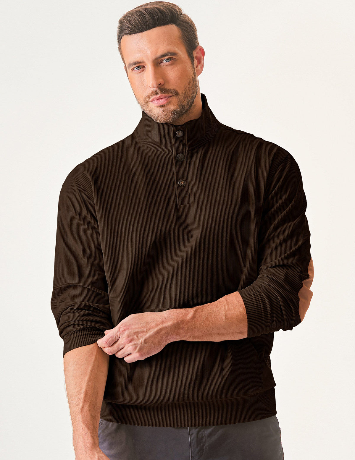 Dokotoo Men Men's Corduroy Sweatshirt Casual Long Sleeve Stand Collar Knitted Pullover Button Sweaters with Pockets
